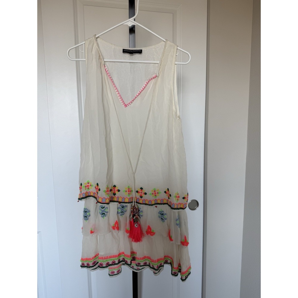 Hemant & Nandita Dress Cream Embroidered Tassel Size S Short Shift
